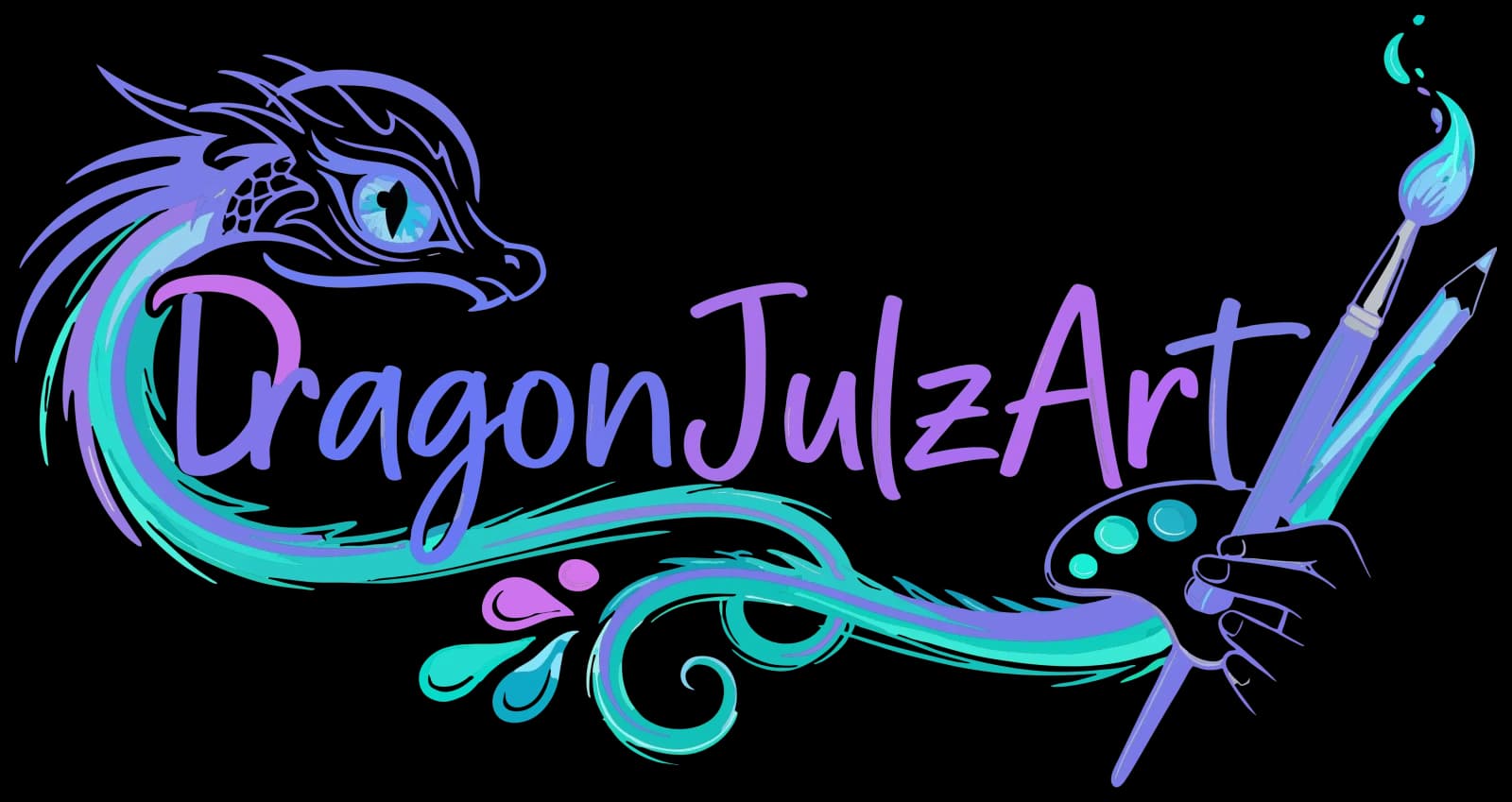 DragonJulzArt — a dragon's eye watches over hand-lettered logo type, with a paintbrush, pencil and palette