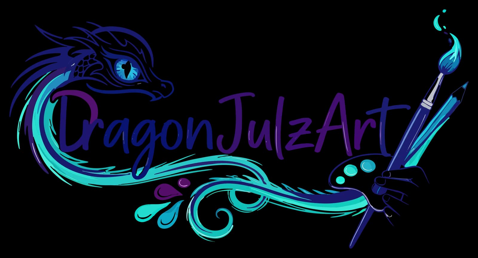 DragonJulzArt — a dragon's eye watches over hand-lettered logo type, with a paintbrush, pencil and palette